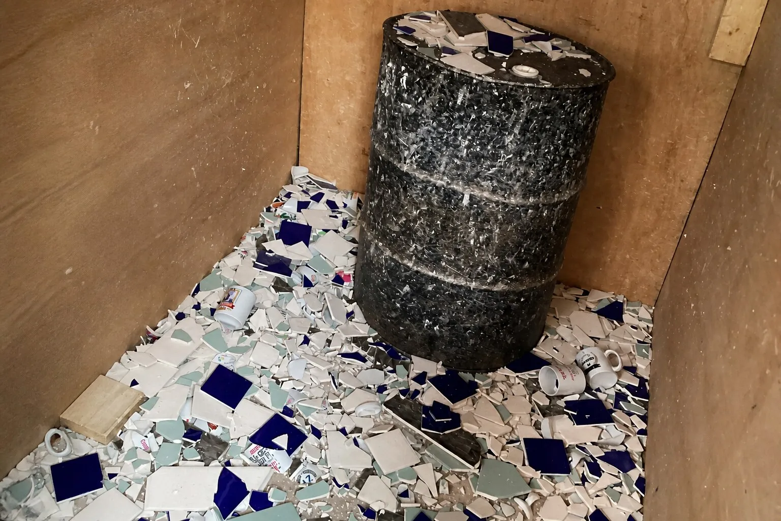 Smashed crockery inside the Rage Room after the activity